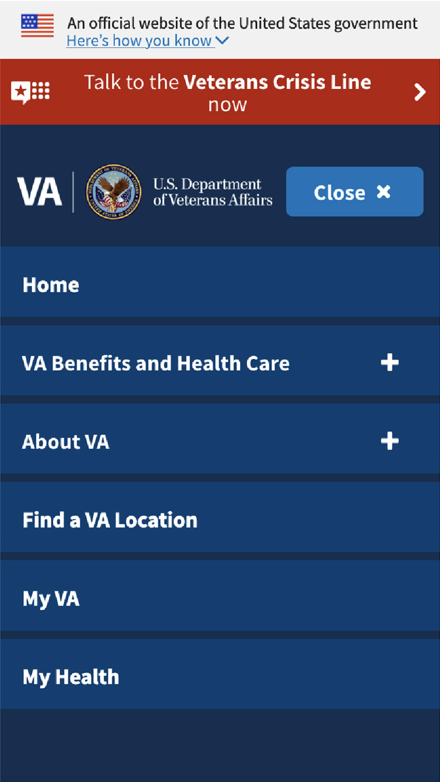 Previous VA mobile menu exposed